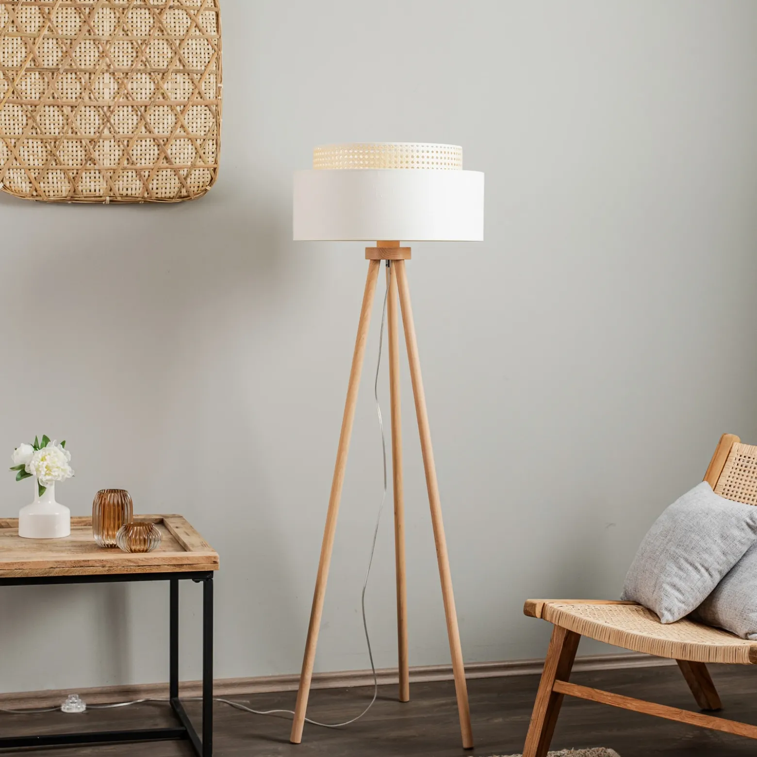 Lámpara de pie Boho, blanco/madera, tela/ratán/madera, 140 cm