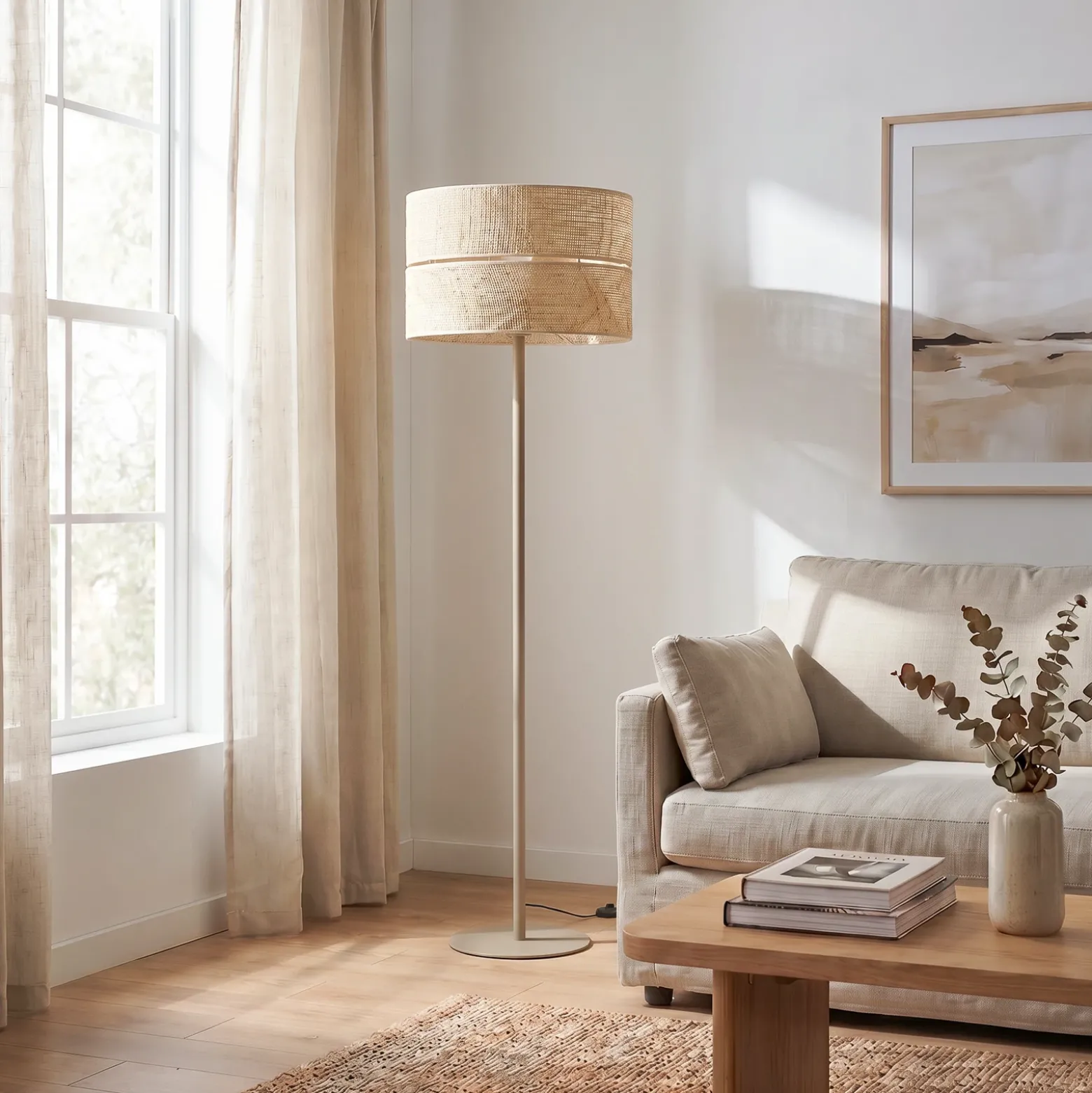 Lámpara de pie Calma, beige, rafia, altura 159 cm, E27