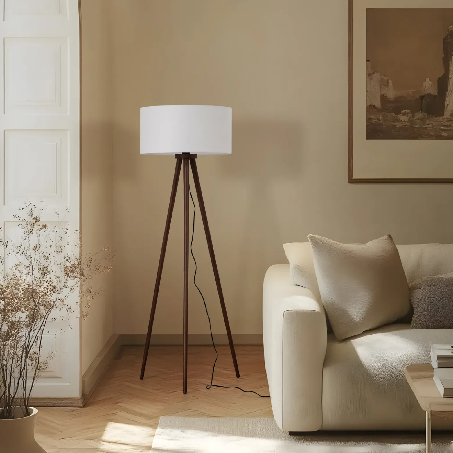 Lámpara de pie Charlia de Lindby, blanca, madera de nogal, altura 150 cm