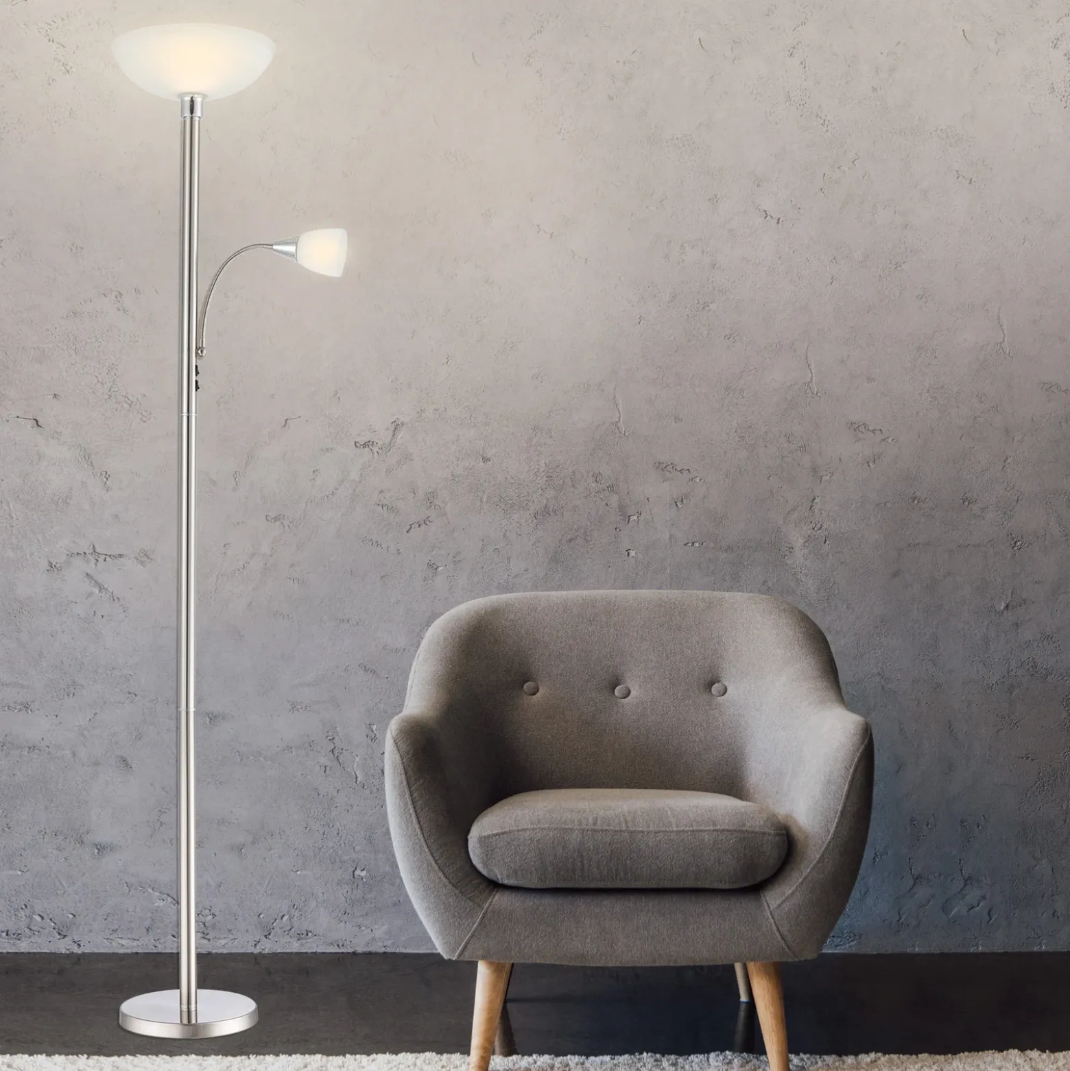Lámpara de pie con brazo de lectura, níquel mate