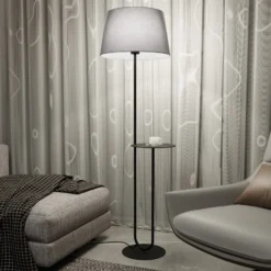 Lámpara de pie de hotel, gris/negro, altura 150 cm, tela/metal