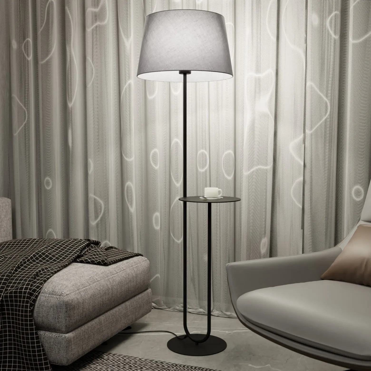 Lámpara de pie de hotel, gris/negro, altura 150 cm, tela/metal