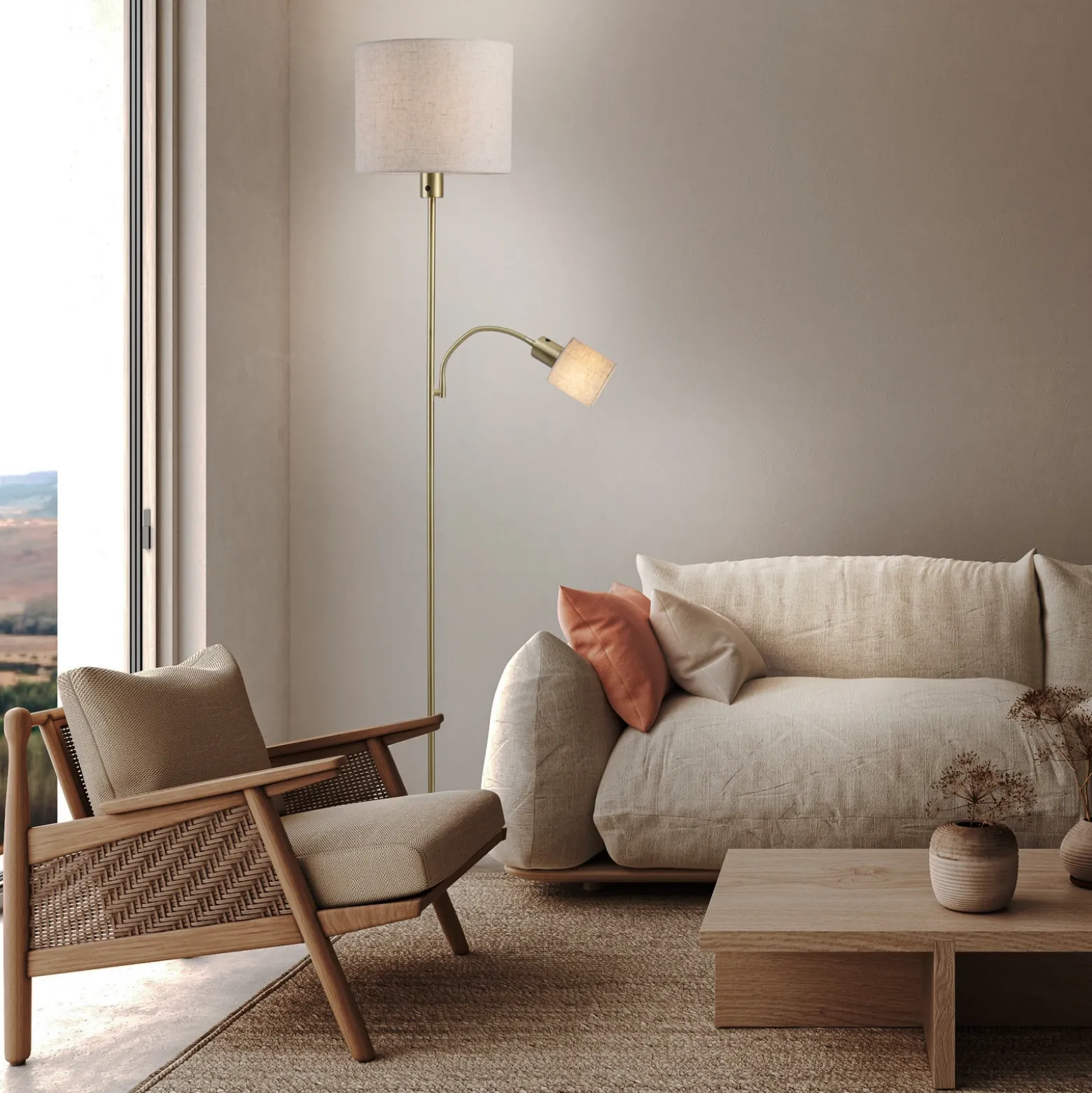 Lámpara de pie Filomena, beige/latón, textil, brazo de lectura, E27, E14
