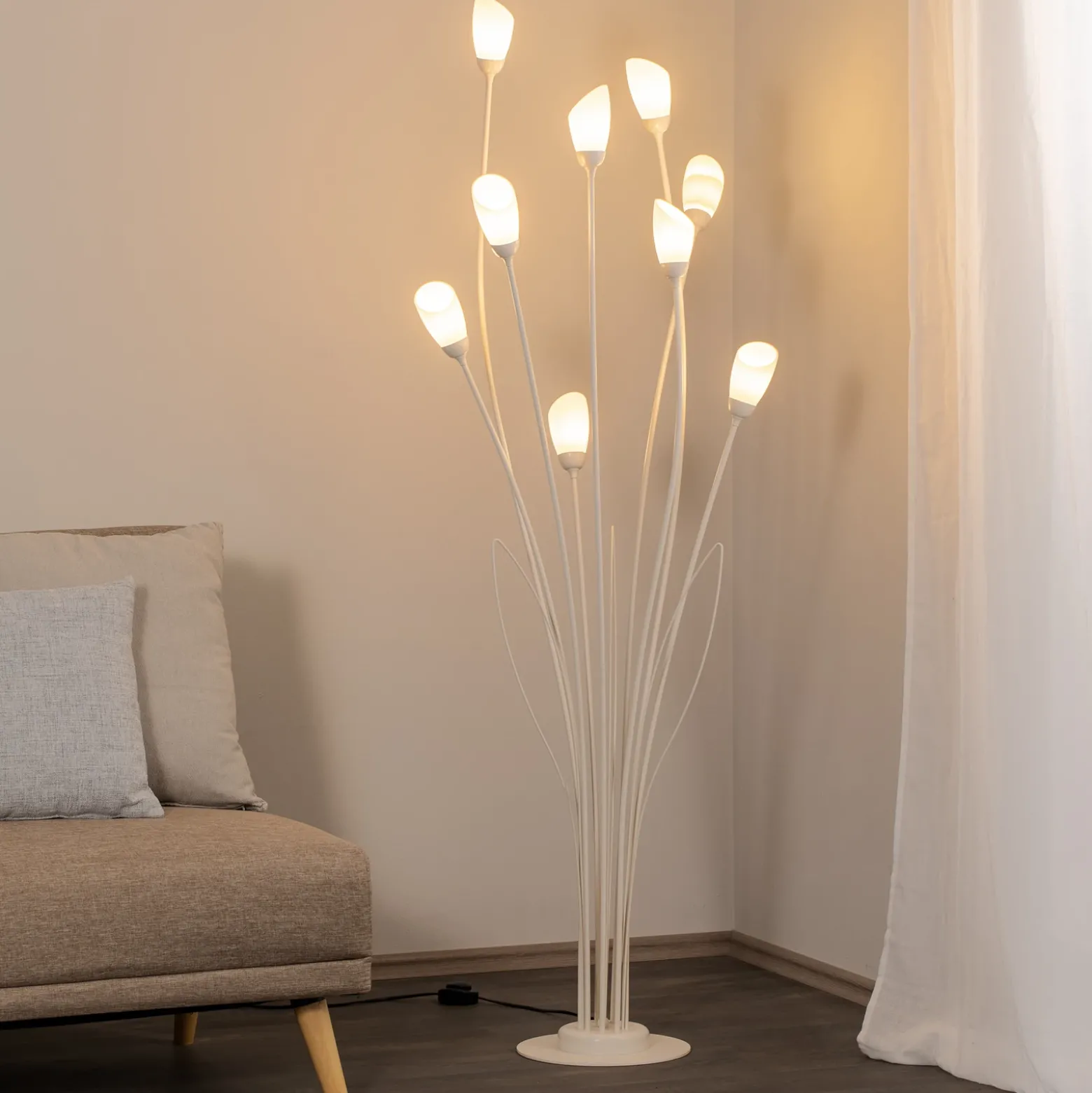 Lámpara de pie Gloriosa, crema, cristal, 9 luces