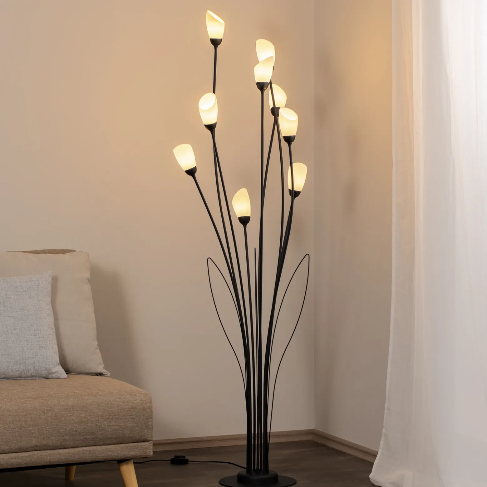Lámpara de pie Gloriosa, negro, cristal, 9 luces