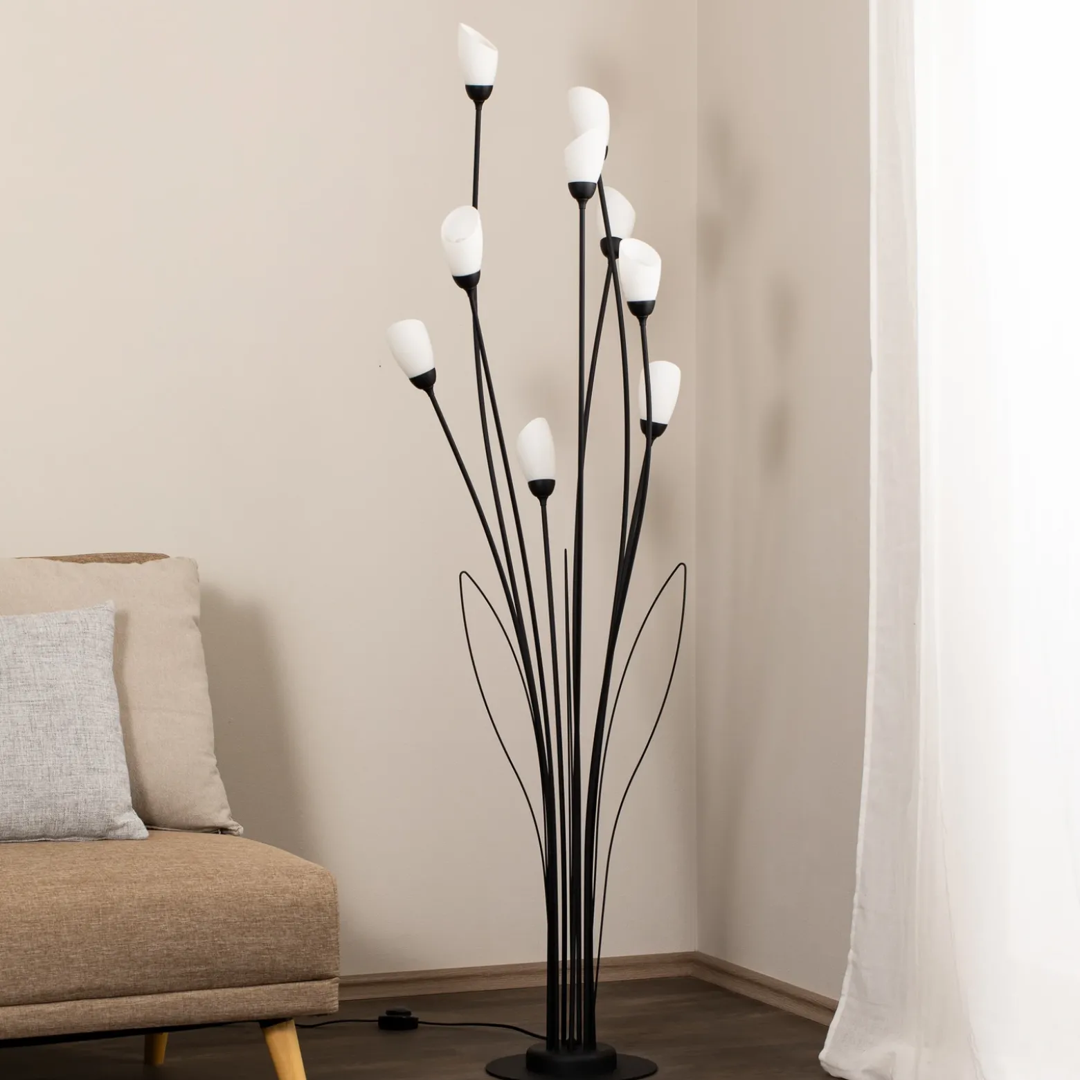 Lámpara de pie Gloriosa, negro, cristal, 9 luces