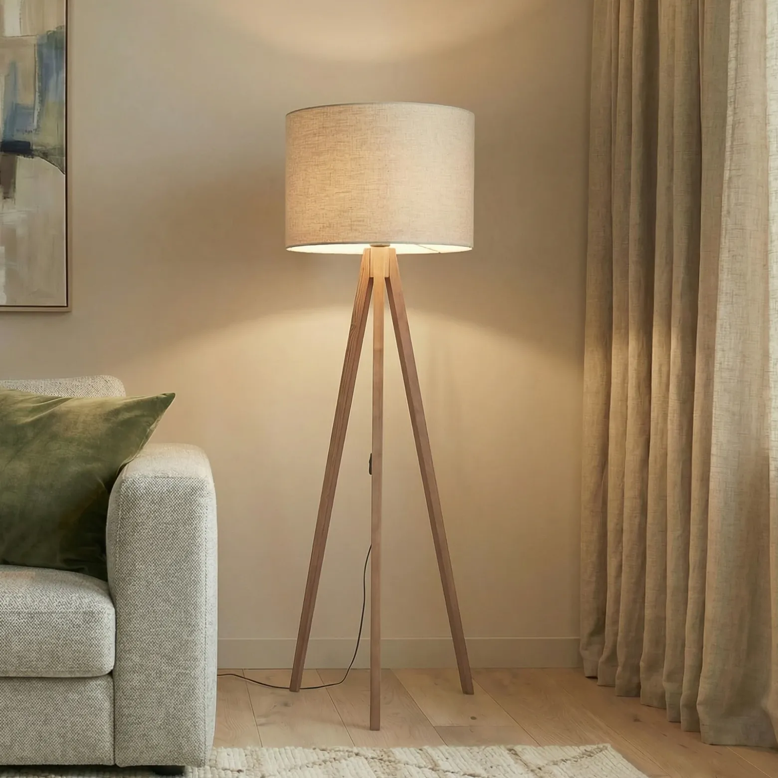 Lámpara de pie Grand, beige/nogal, altura 145 cm, E27