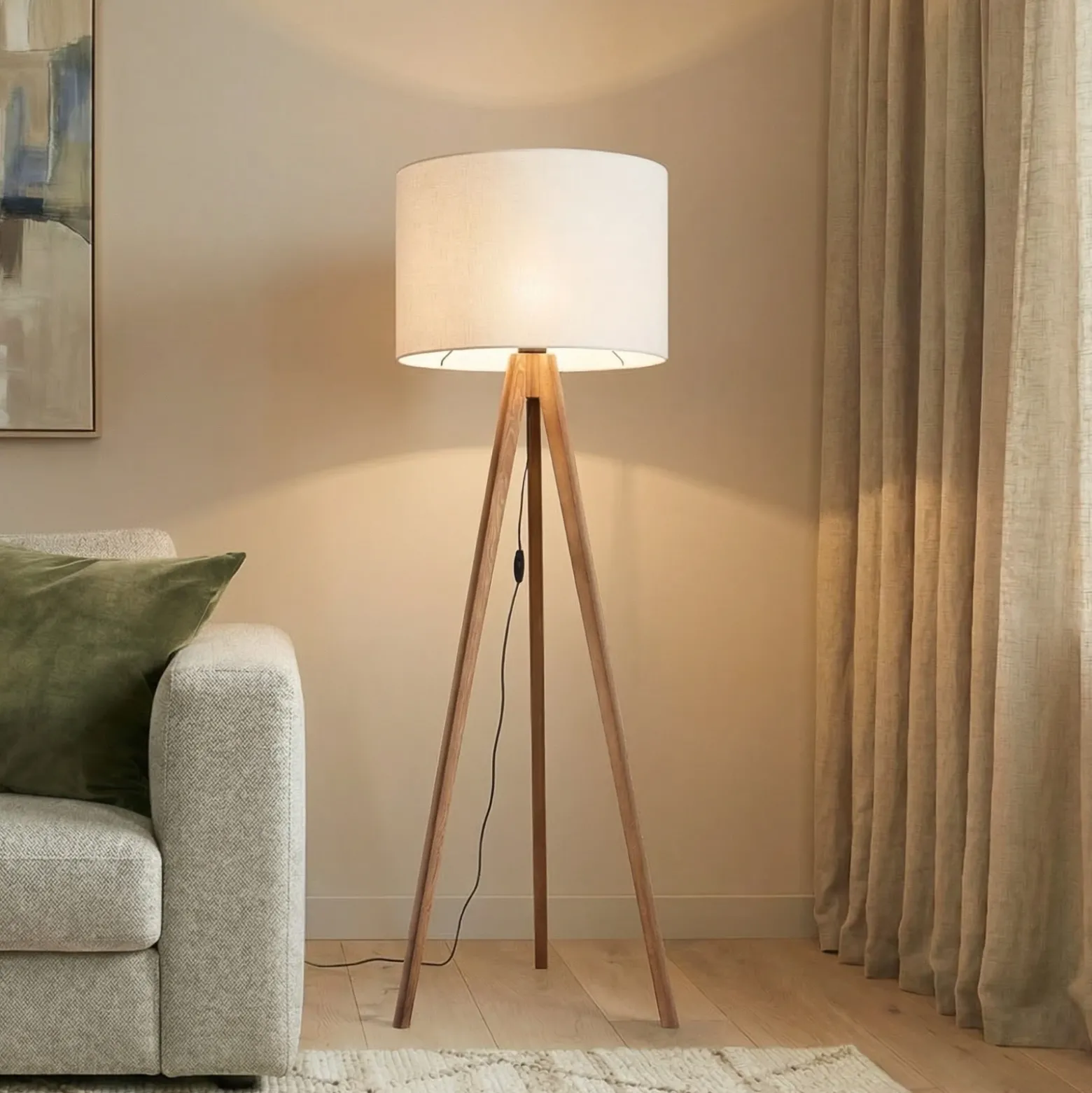 Lámpara de pie Grand, crema/nogal, altura 145 cm, E27