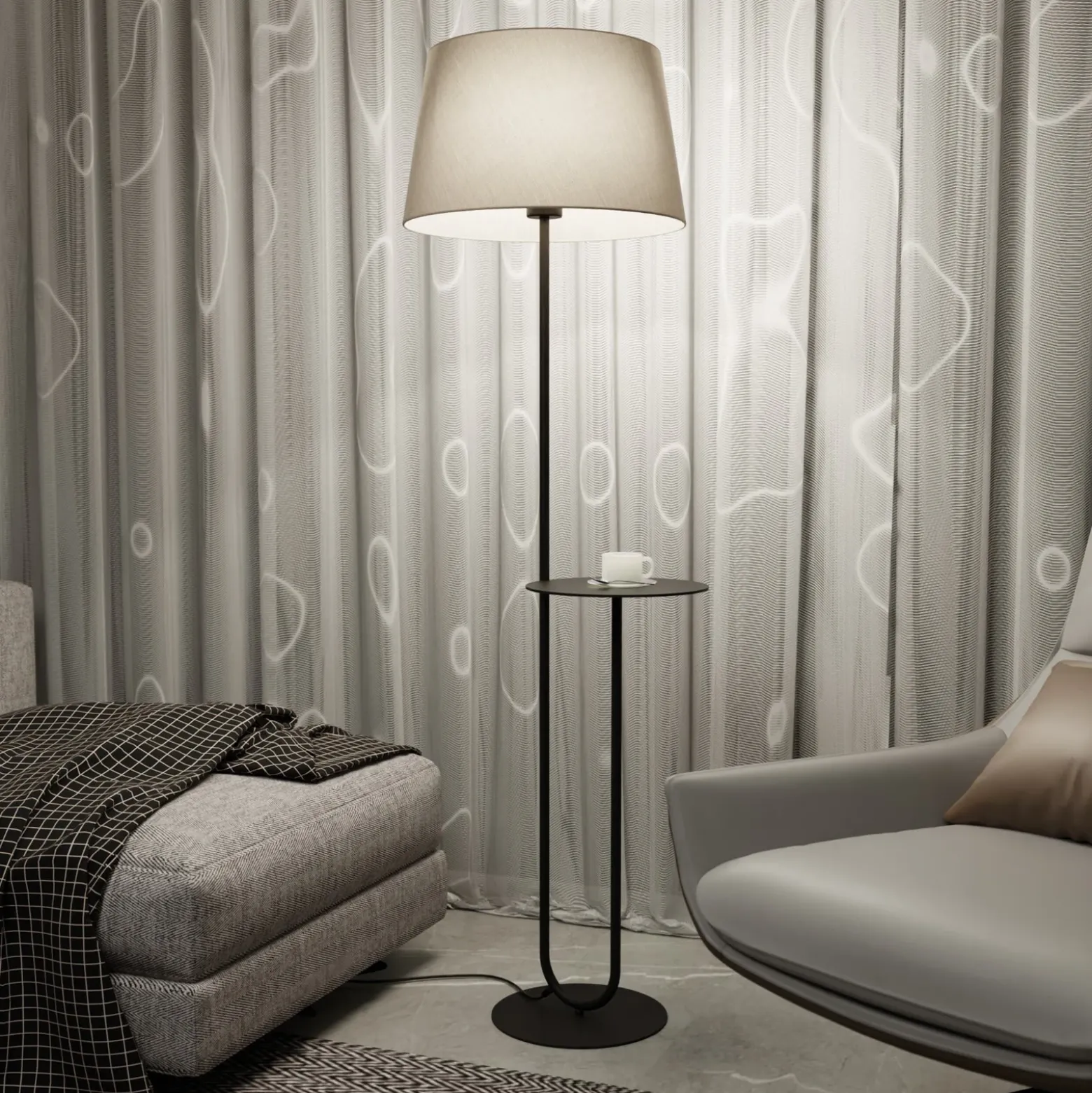 Lámpara de pie Hotel, beige/negro, altura 150 cm, tela/metal