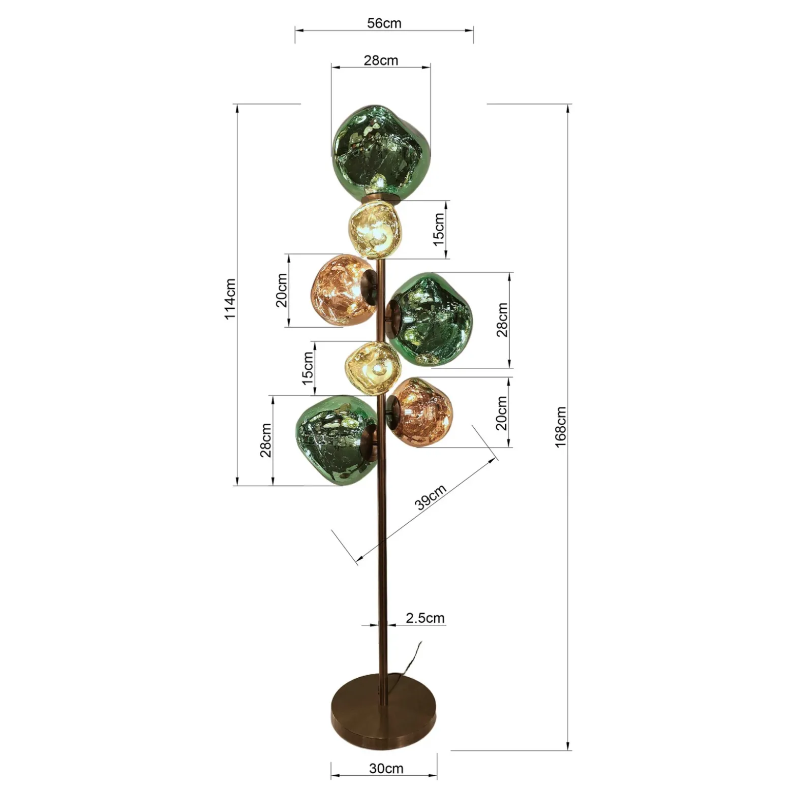 Lámpara de pie KARE «Burbuja». Multicolor, cristal, 168 cm, 7 luces.