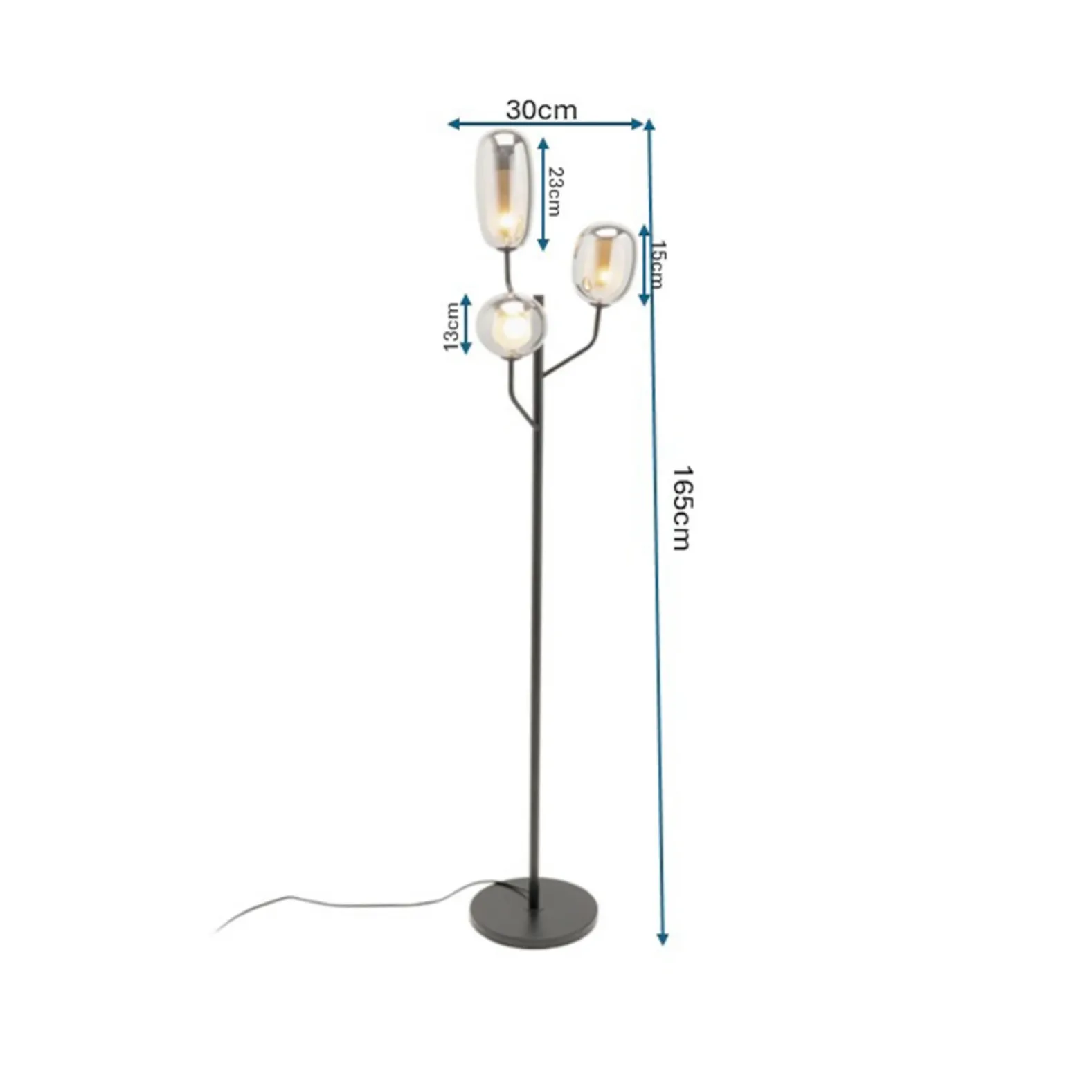 Lámpara de pie KARE Columbo, negra, de cristal, 3 luces, G9, 164 cm