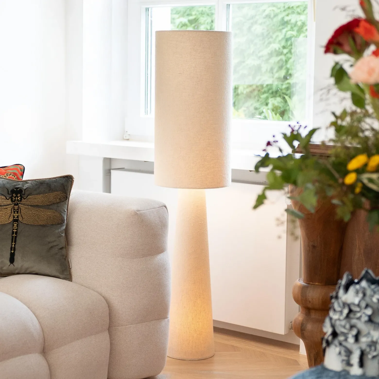 Lámpara de pie KARE Marleen, beige, lino, 130 cm, E27