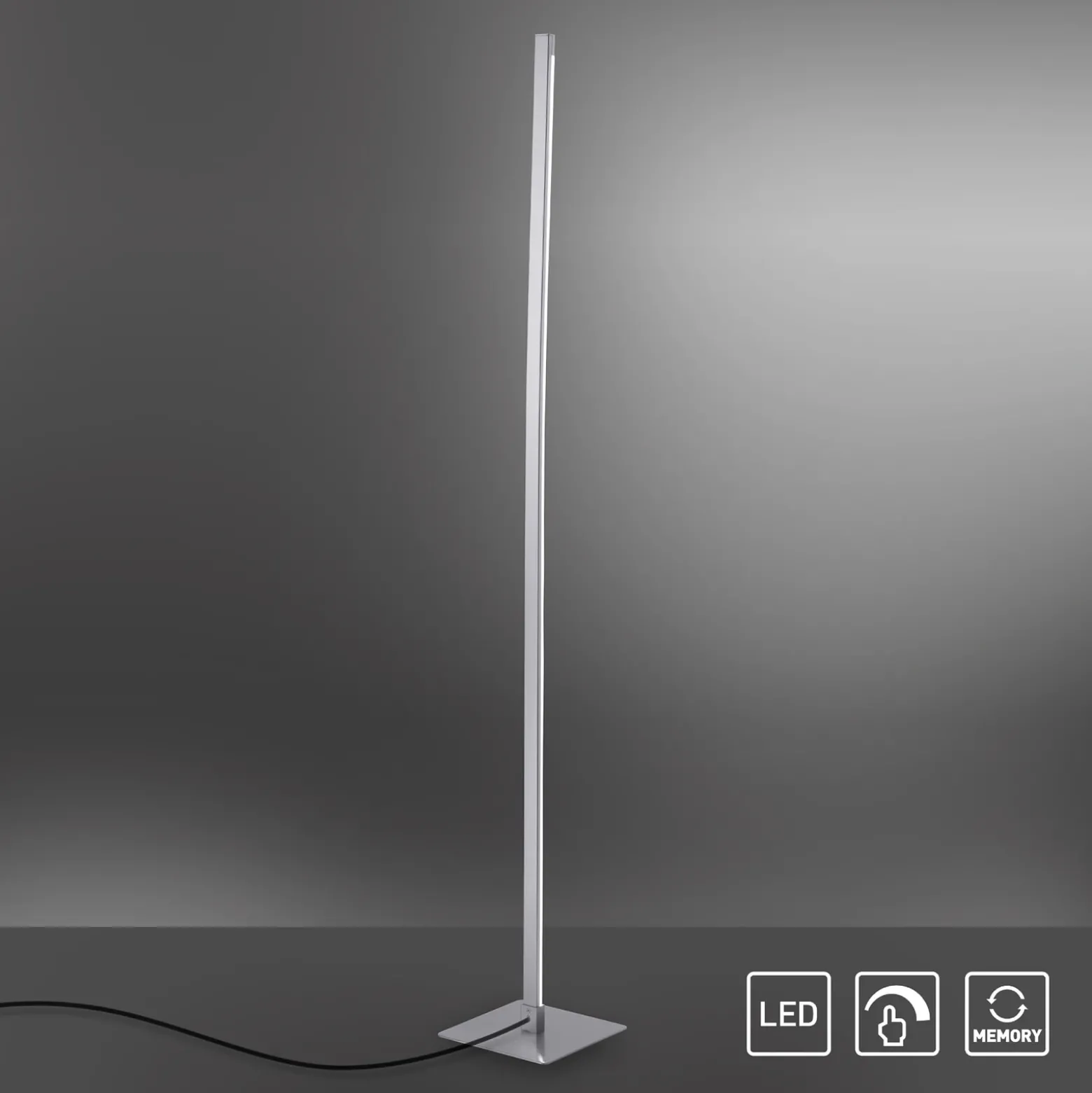 Lámpara de pie LED Bella, recta, base angular, acero