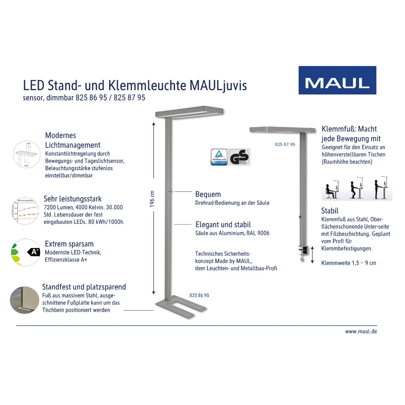 Lámpara de pie LED con sensor MAULjuvis, negro, 196 cm, base atenuable