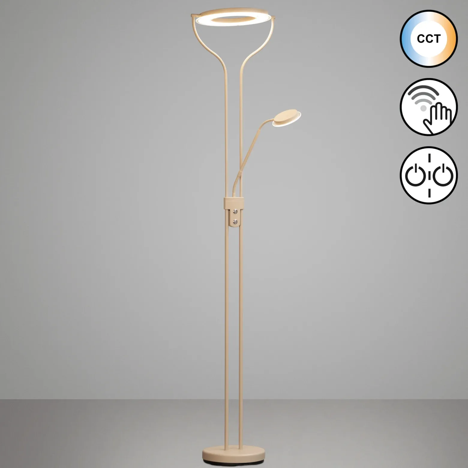 Lámpara de pie LED Davos, color arena, altura 180 cm, 2 luces, CCT