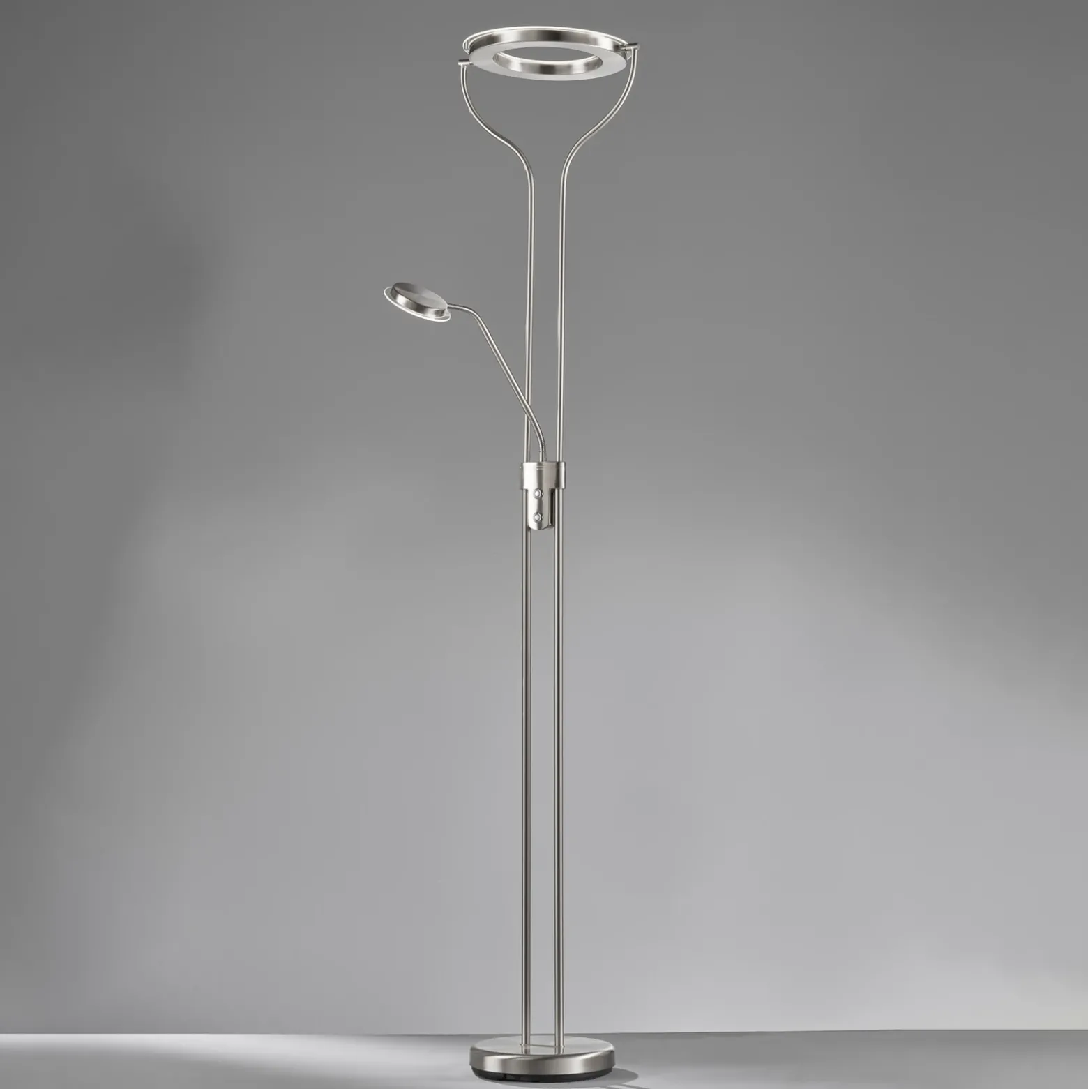 Lámpara de pie LED Davos, color níquel, altura 180 cm, 2 luces, CCT