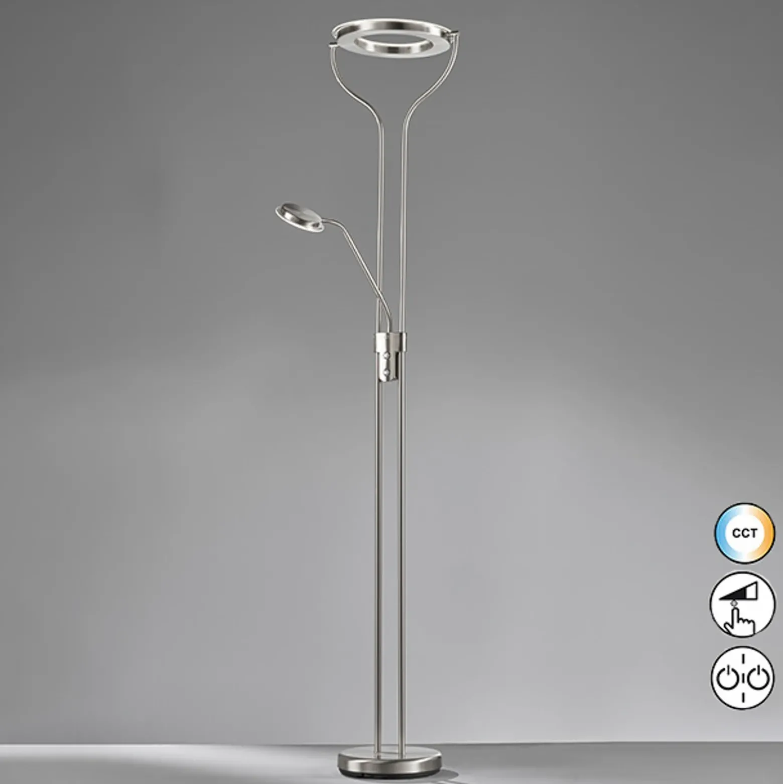 Lámpara de pie LED Davos, color níquel, altura 180 cm, 2 luces, CCT