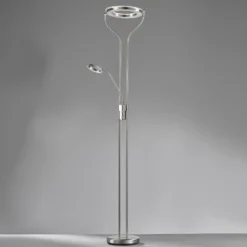 Lámpara de pie LED Davos, color níquel, altura 180 cm, 2 luces, CCT