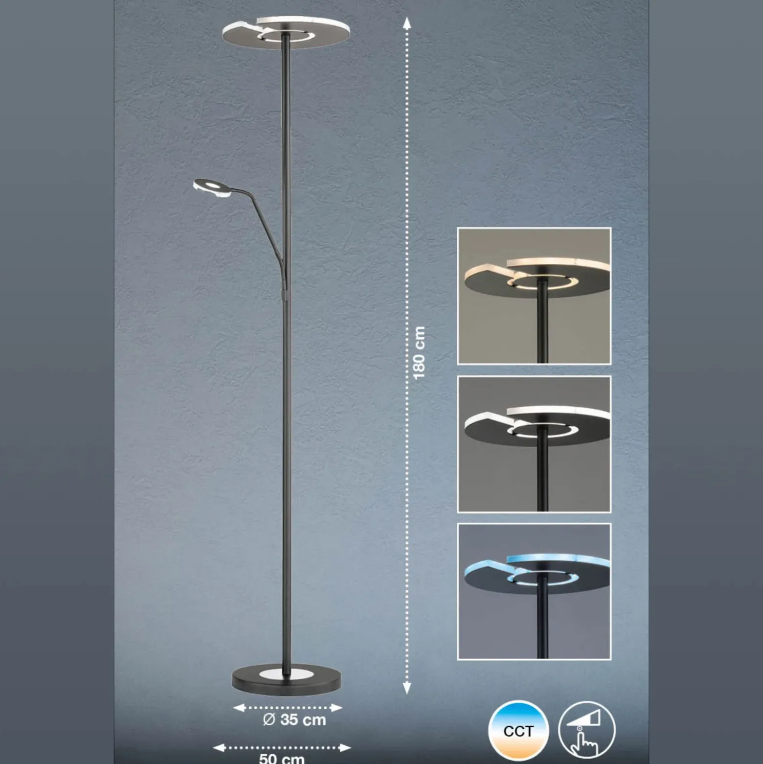 Lámpara de pie LED Dent, negra, 180 cm, CCT, 2 luces