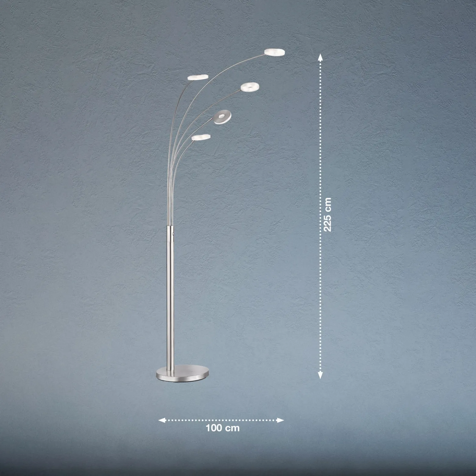 Lámpara de pie LED Dent, níquel/cromo, 225 cm, metal, CCT 5 luces.
