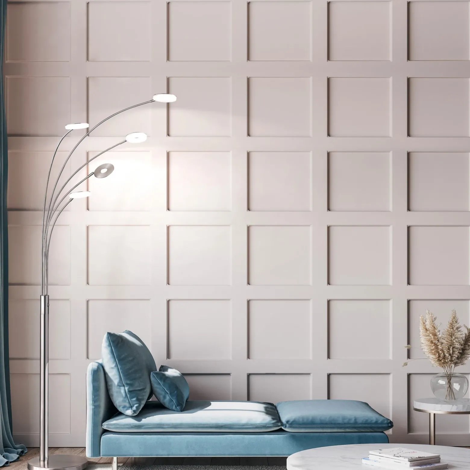 Lámpara de pie LED Dent, níquel/cromo, 225 cm, metal, CCT 5 luces.