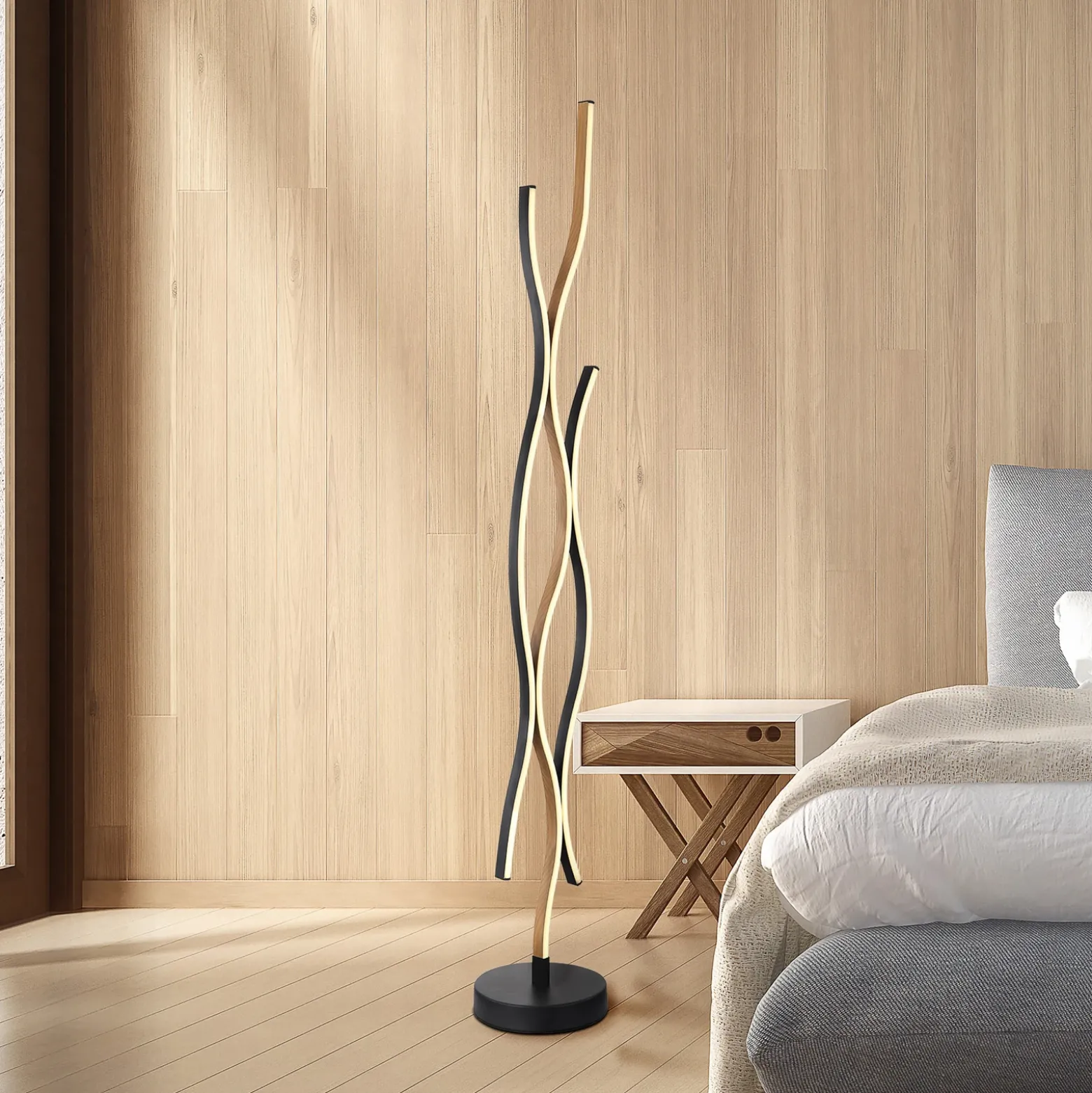 Lámpara de pie LED Geronimo, altura 135 cm, negro/aspecto madera
