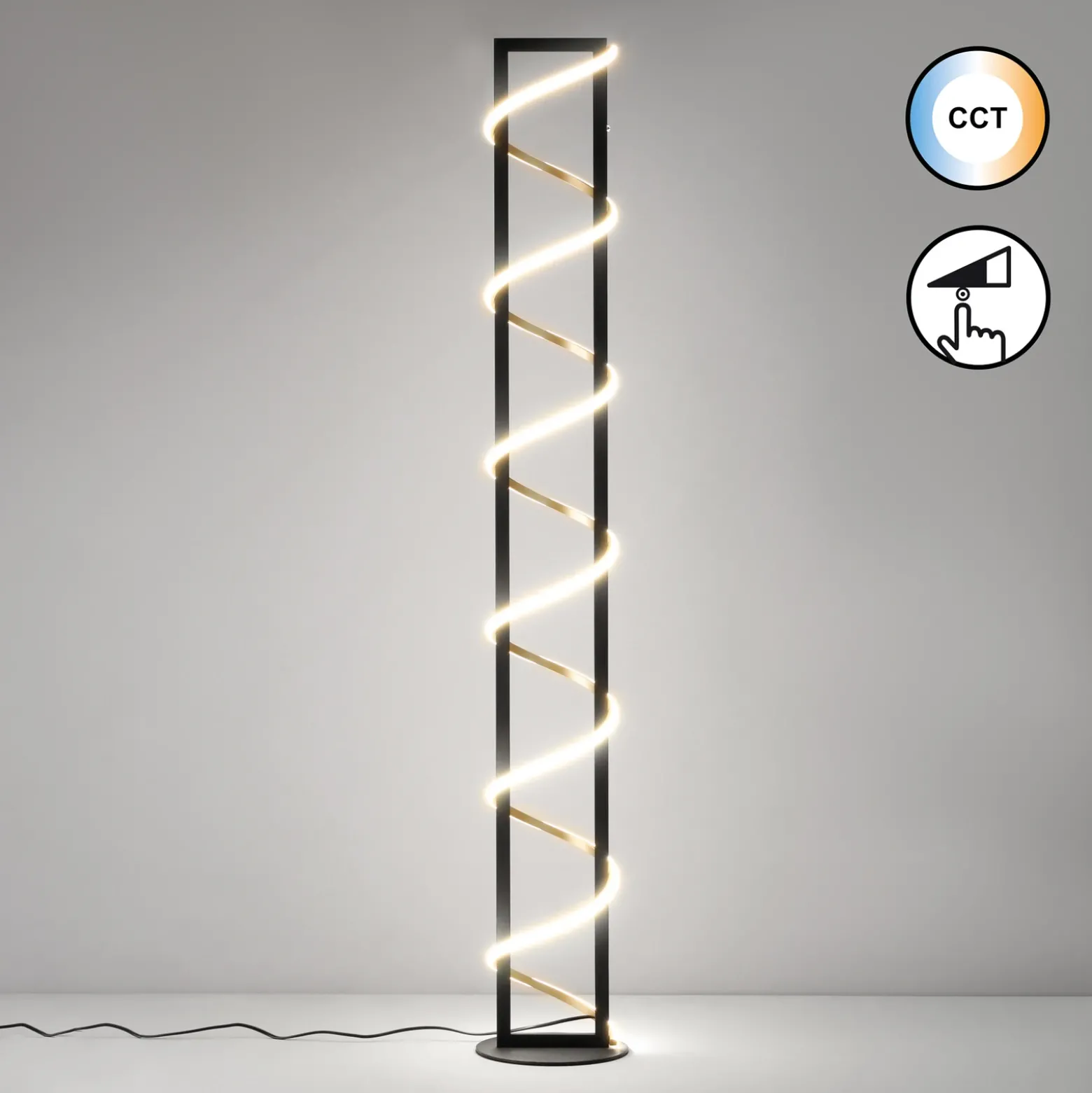 Lámpara de pie LED Gwen, negro/oro, metal, CCT, atenuable
