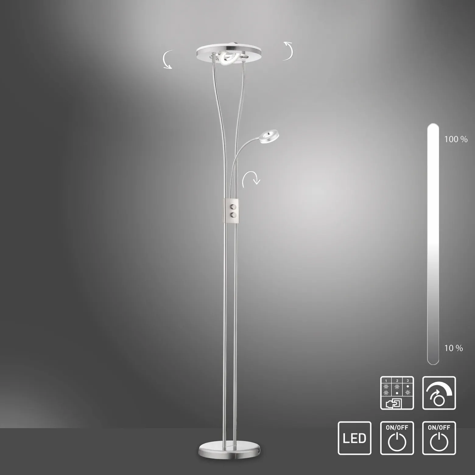 Lámpara de pie LED Helia con lámpara de lectura LED, acero