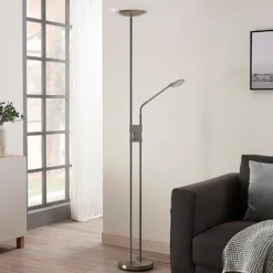 Lámpara de pie LED Jonne de Lindby, redonda, brazo de lectura, atenuable, 180 cm
