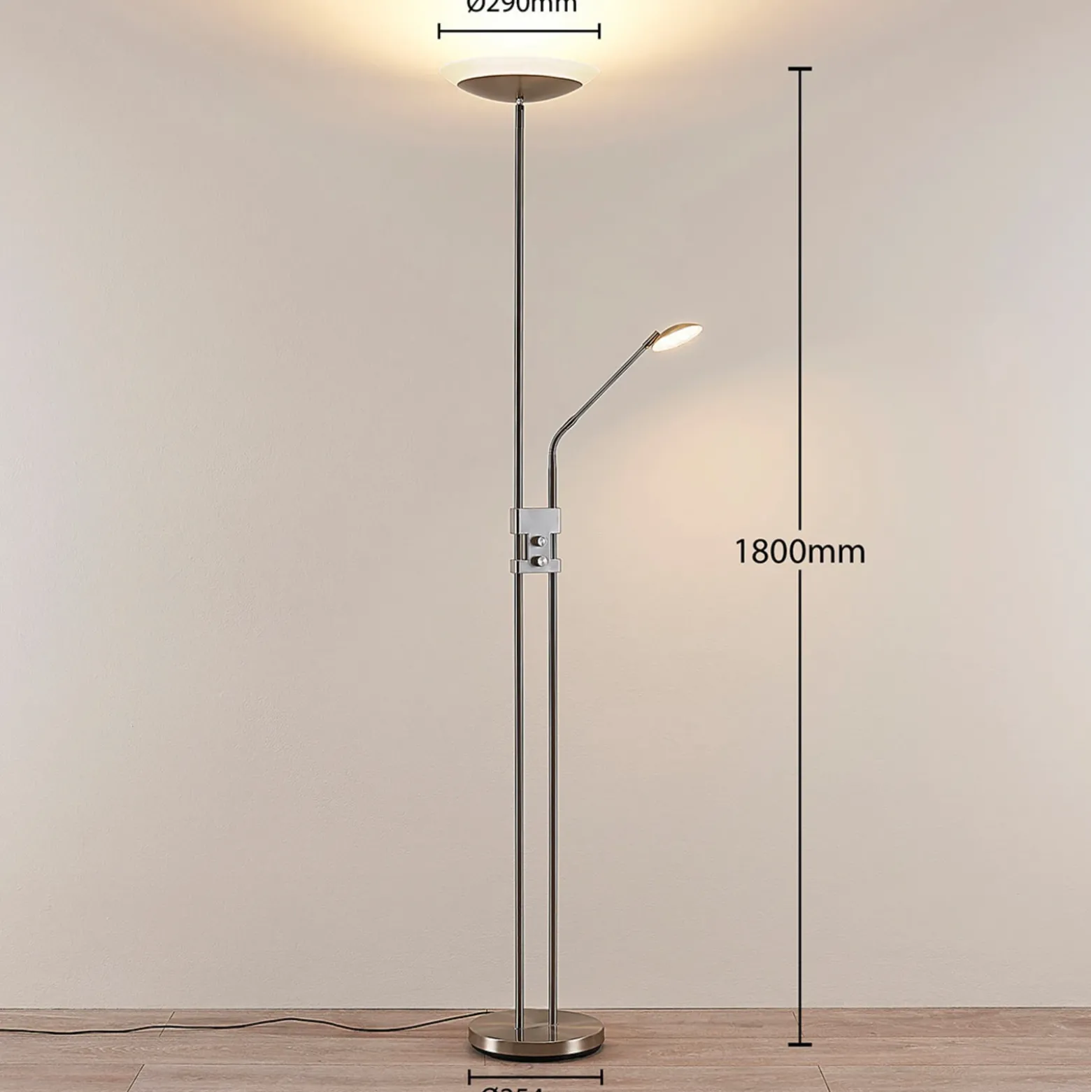 Lámpara de pie LED Jonne de Lindby, redonda, brazo de lectura, atenuable, 180 cm