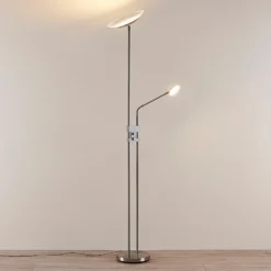 Lámpara de pie LED Jonne de Lindby, redonda, brazo de lectura, atenuable, 180 cm