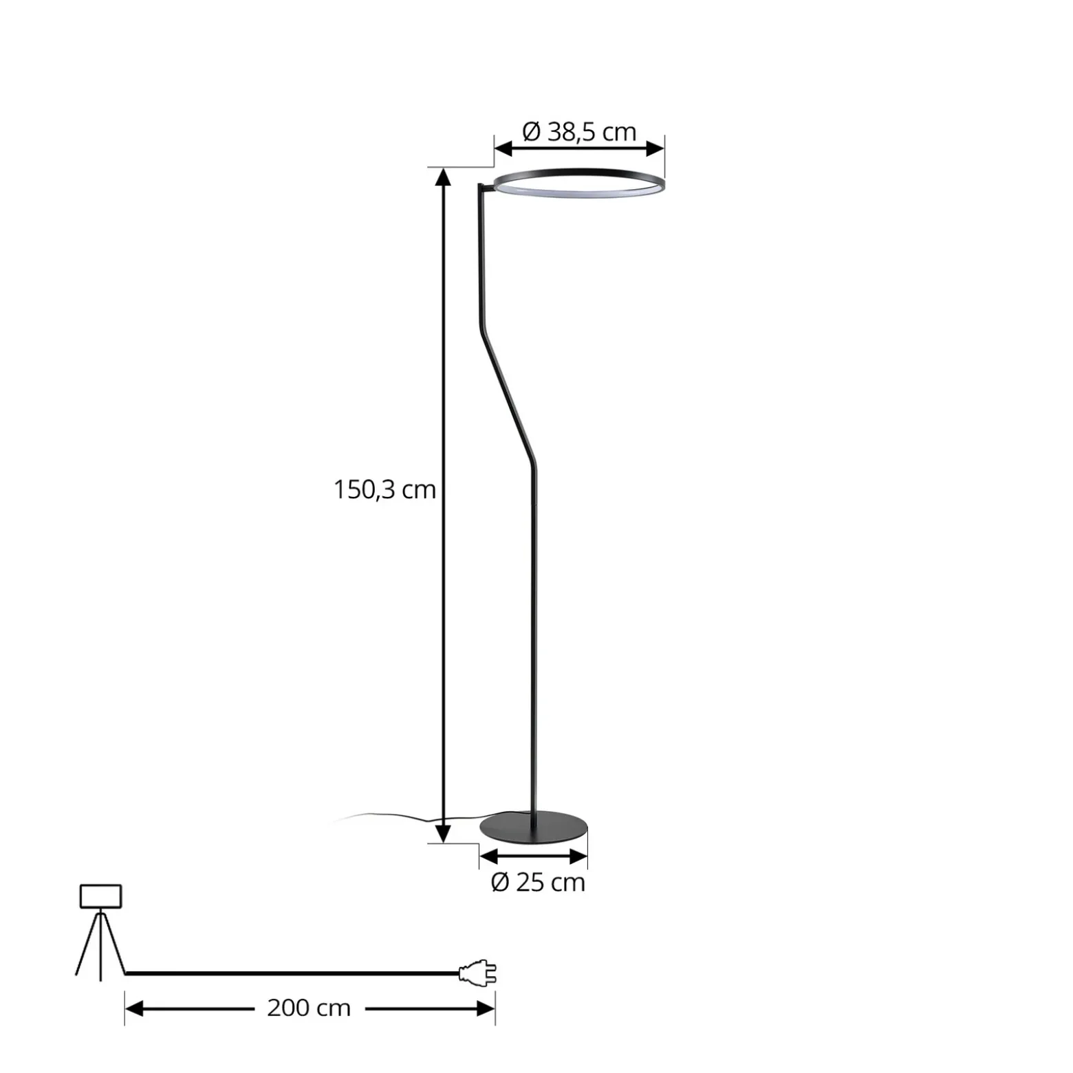 Lámpara de pie LED Lindby Rayón, negro, metal, altura 150,3 cm