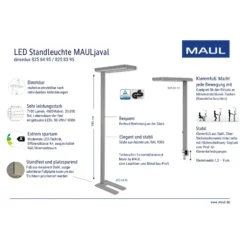 Lámpara de pie LED MAULjaval, color plata, 196 cm, base atenuable