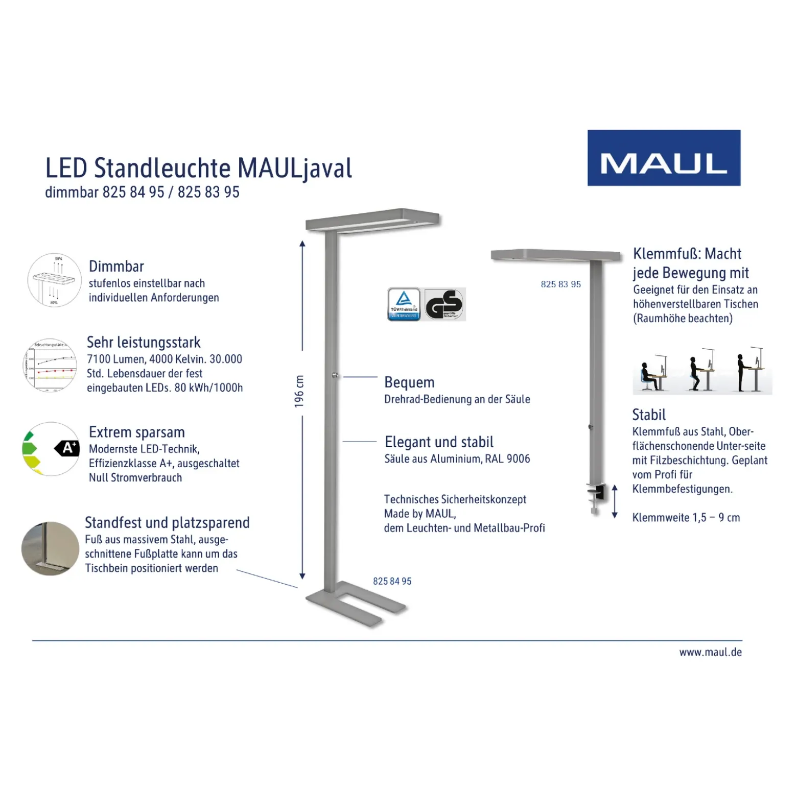 Lámpara de pie LED MAULjaval, color plata, 196 cm, base atenuable