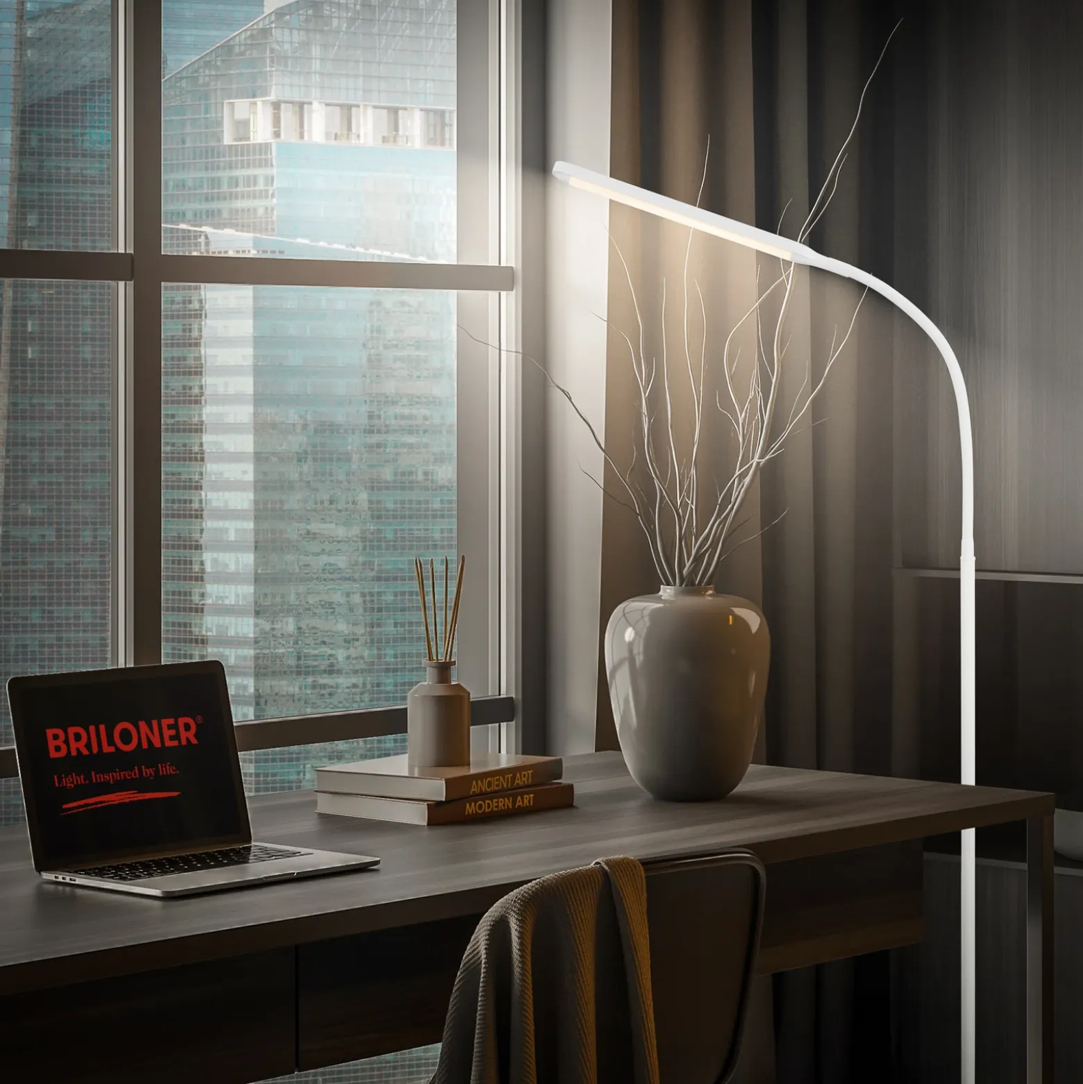 Lámpara de pie LED Mura, blanca, altura 170 cm, metal, regulador táctil