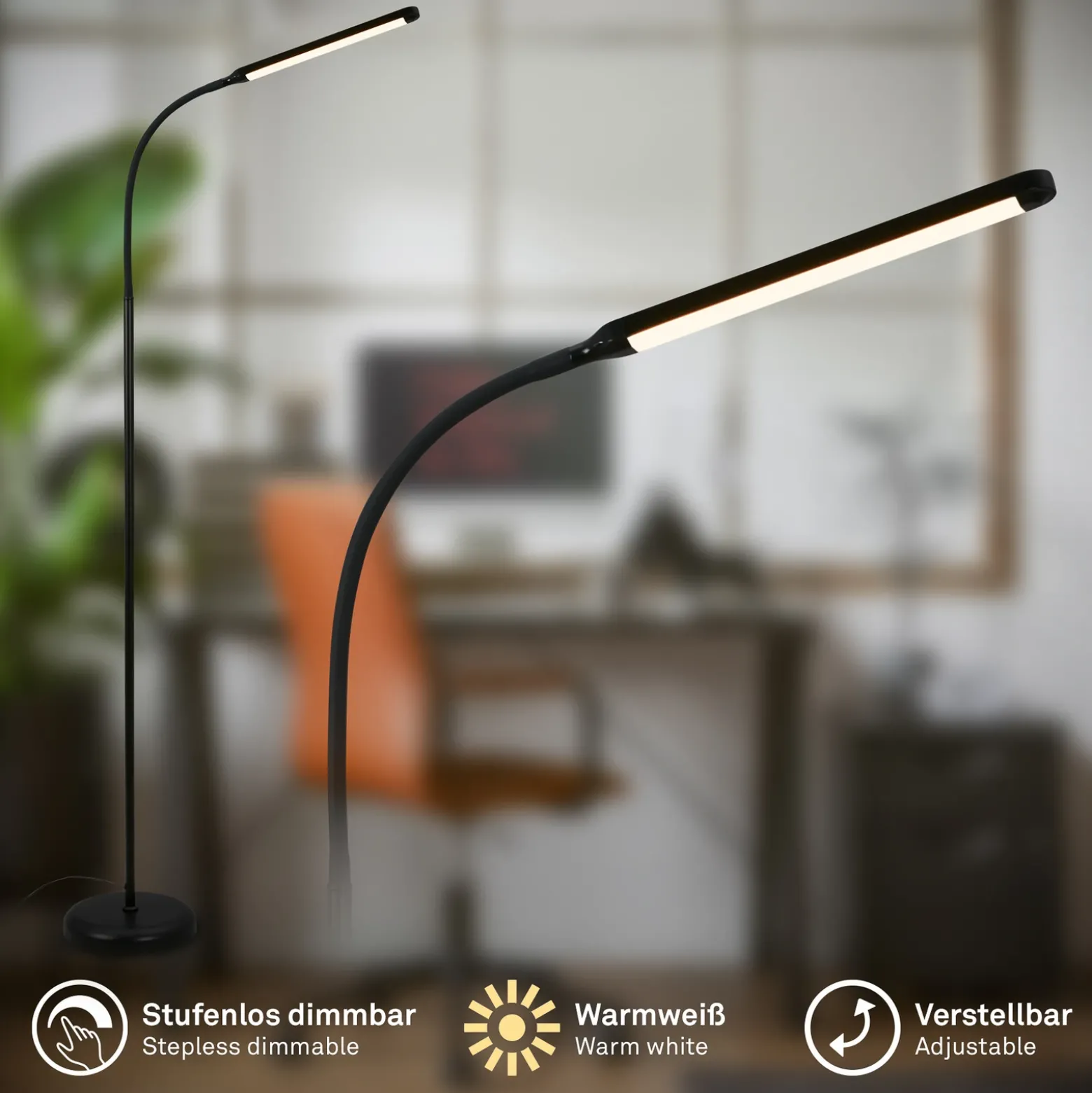 Lámpara de pie LED Mura, negro, altura 170 cm, metal, regulador táctil