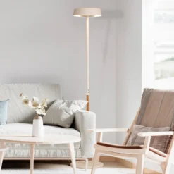 Lámpara de pie LED Noa II, regulador táctil, acero, blanco/color madera