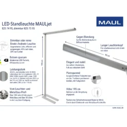 Lámpara de pie LED para oficina MAULjet, color plata, atenuable, 195 cm