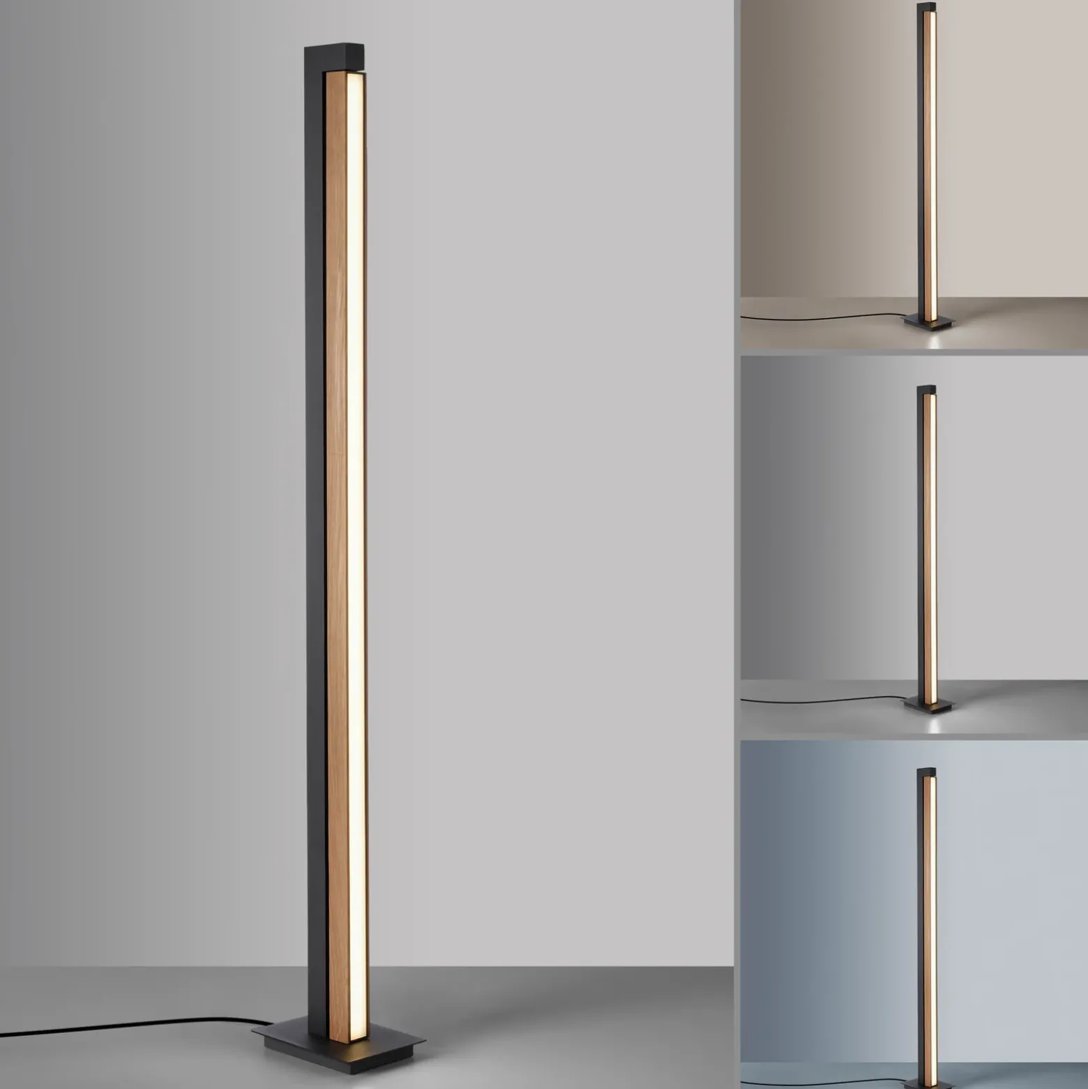 Lámpara de pie LED PURE Lines, negra, madera, control remoto, 140 cm