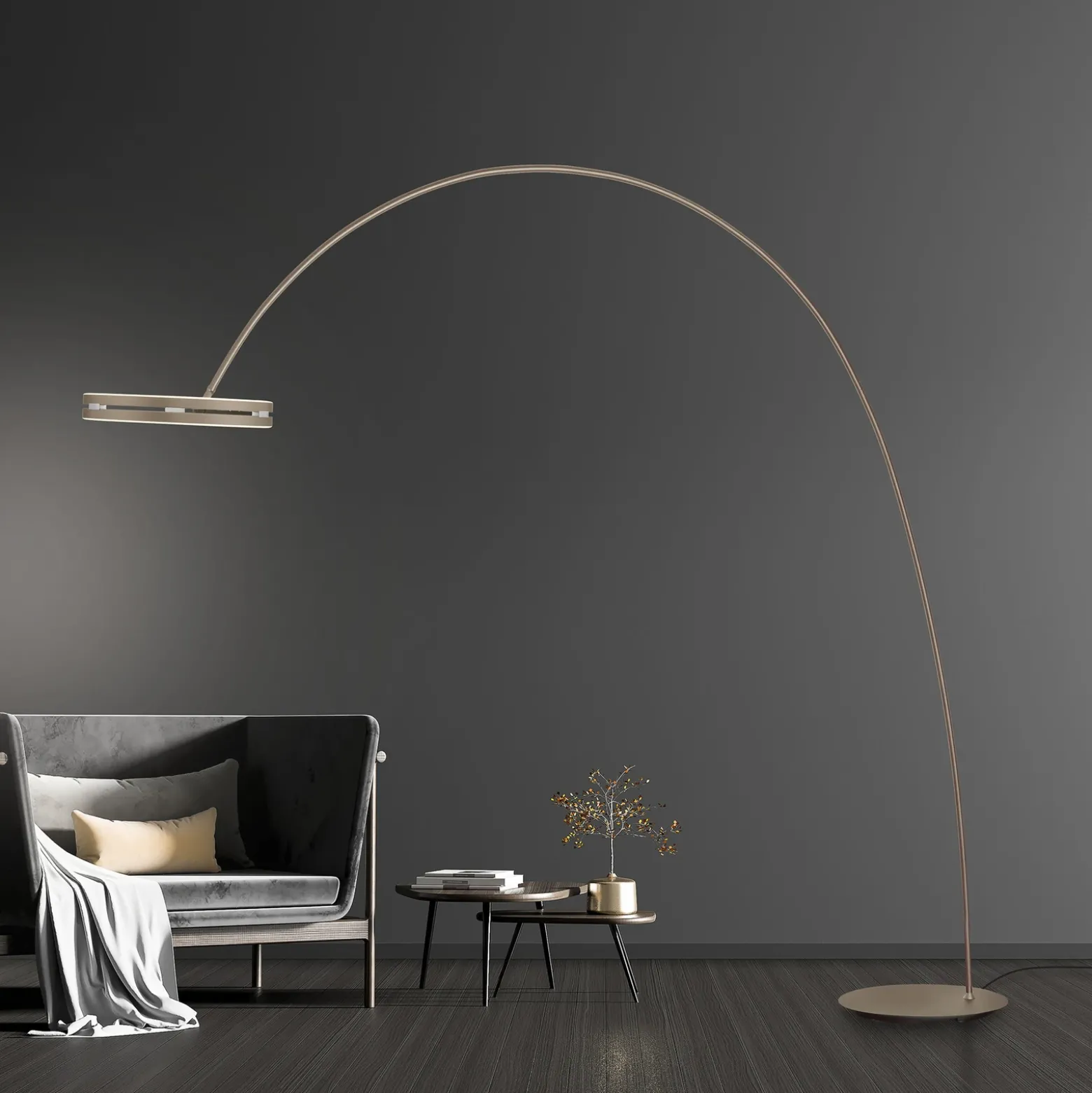 Lámpara de pie LED PURE Loop-Bow, color bronce, altura de 290 cm