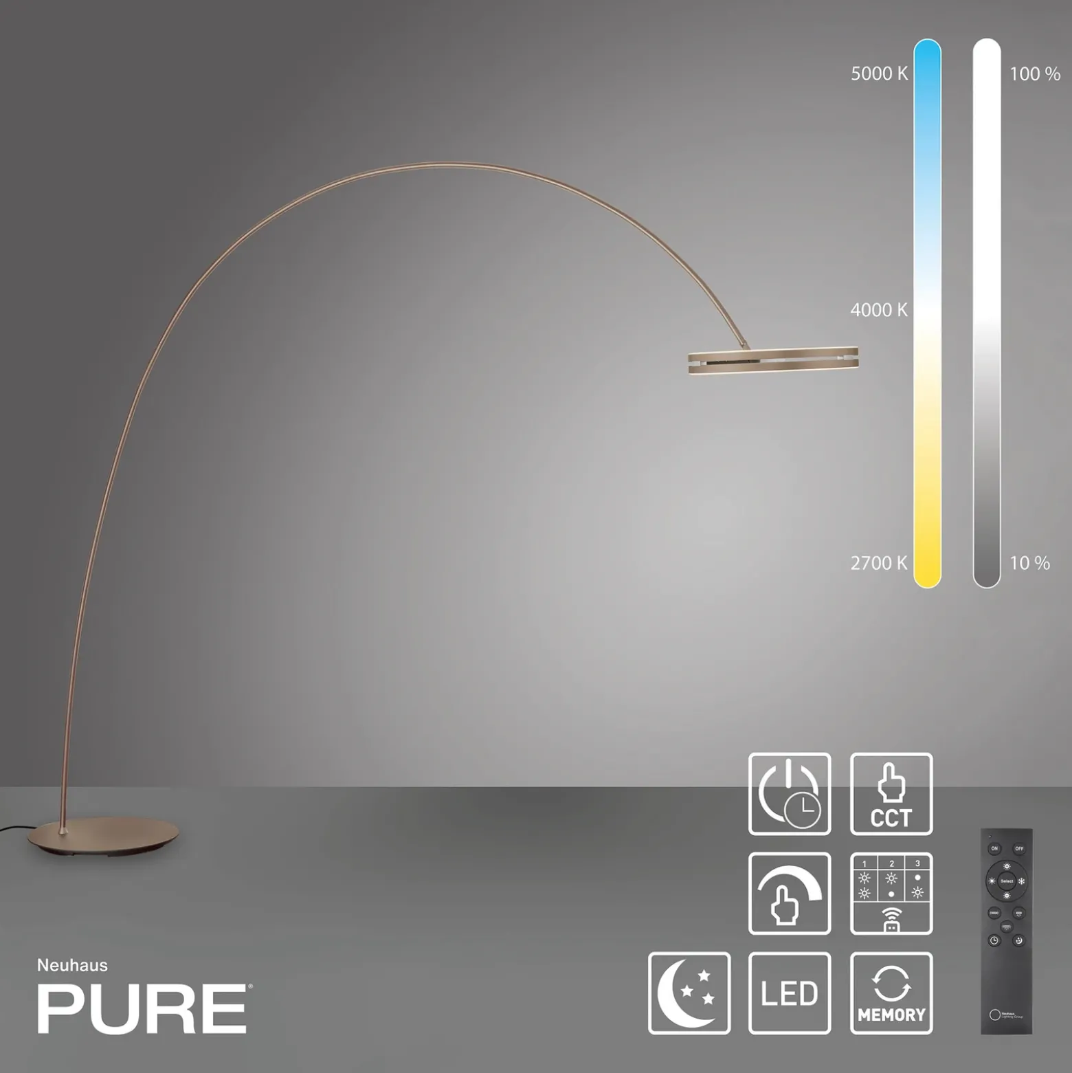 Lámpara de pie LED PURE Loop-Bow, color bronce, altura de 290 cm