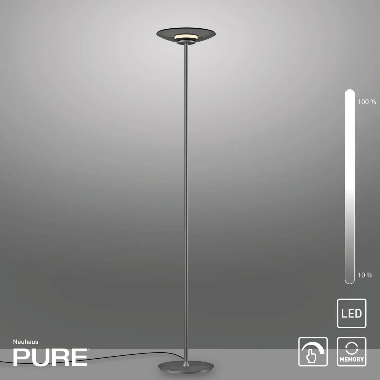Lámpara de pie LED PURE Moon, platino, cristal ahumado, 180 cm