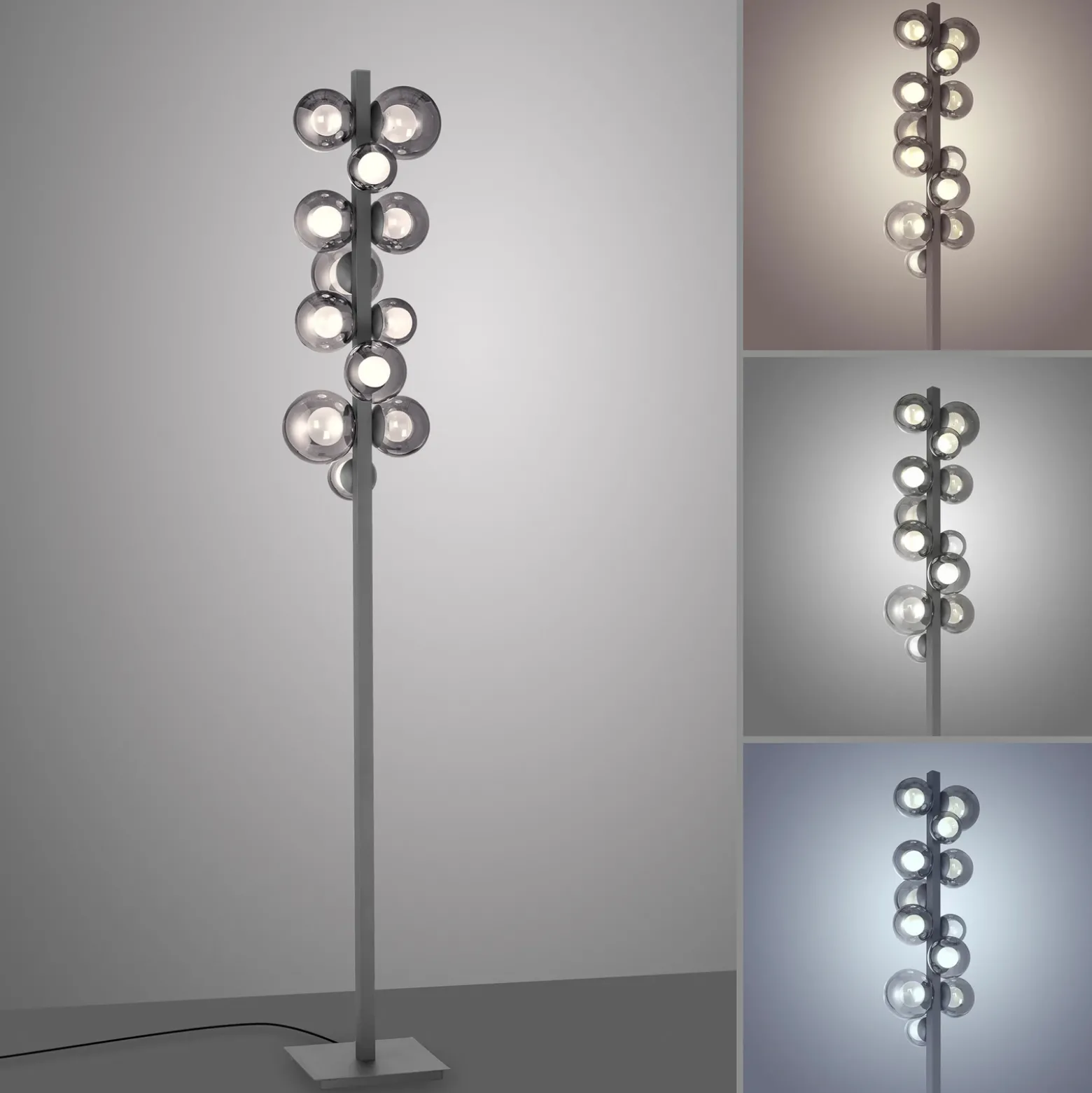 Lámpara de pie LED PURE Popup, gris aluminio/cristal, atenuador, 12 luces