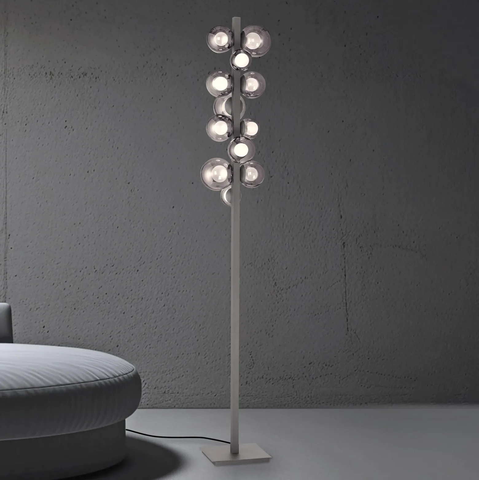 Lámpara de pie LED PURE Popup, gris aluminio/cristal, atenuador, 12 luces