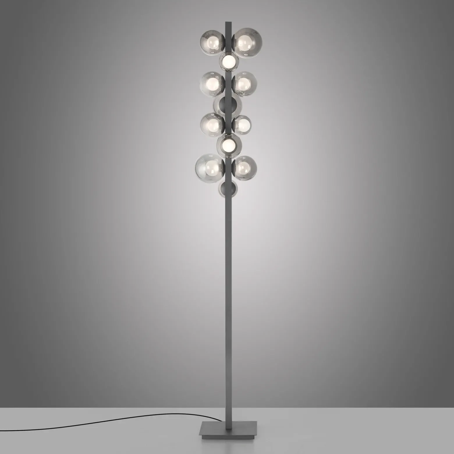Lámpara de pie LED PURE Popup, gris aluminio/cristal, atenuador, 12 luces