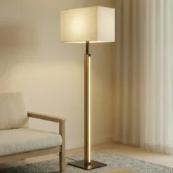 Lámpara de pie LED Quitani Lisene, roble/negro/natural, 162 cm, atenuable.