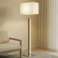 Lámpara de pie LED Quitani Lisene, nogal/plata/natural, 162 cm, atenuable