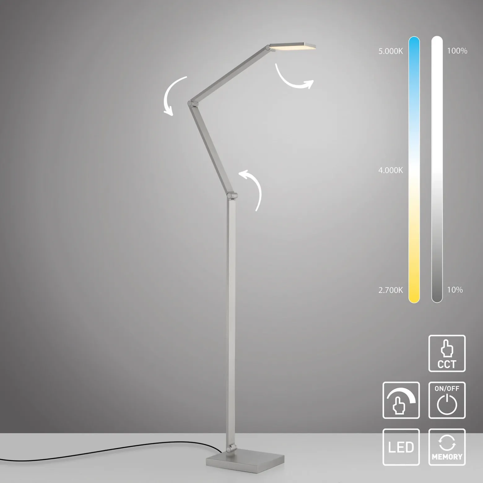 Lámpara de pie LED SAMSKY, acero, altura 161 cm, regulador táctil metálico