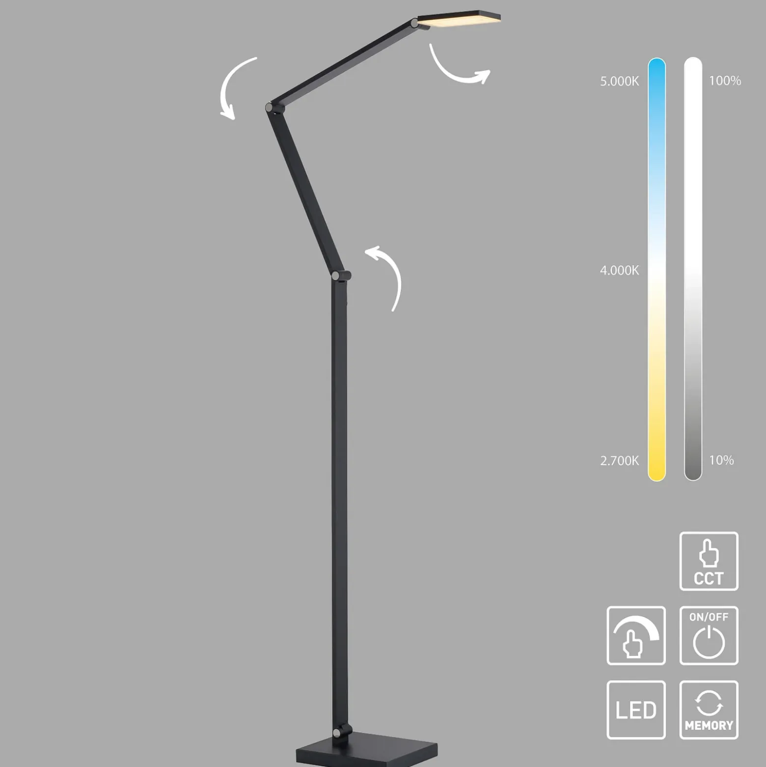 Lámpara de pie LED SAMSKY, gris, altura 161 cm, metal, regulador táctil