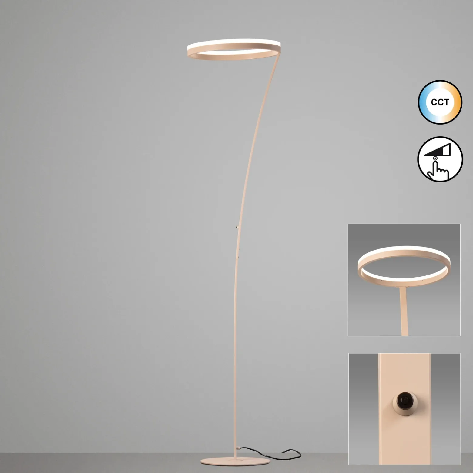 Lámpara de pie LED Sirko, color arena, altura 177 cm, metal, CCT